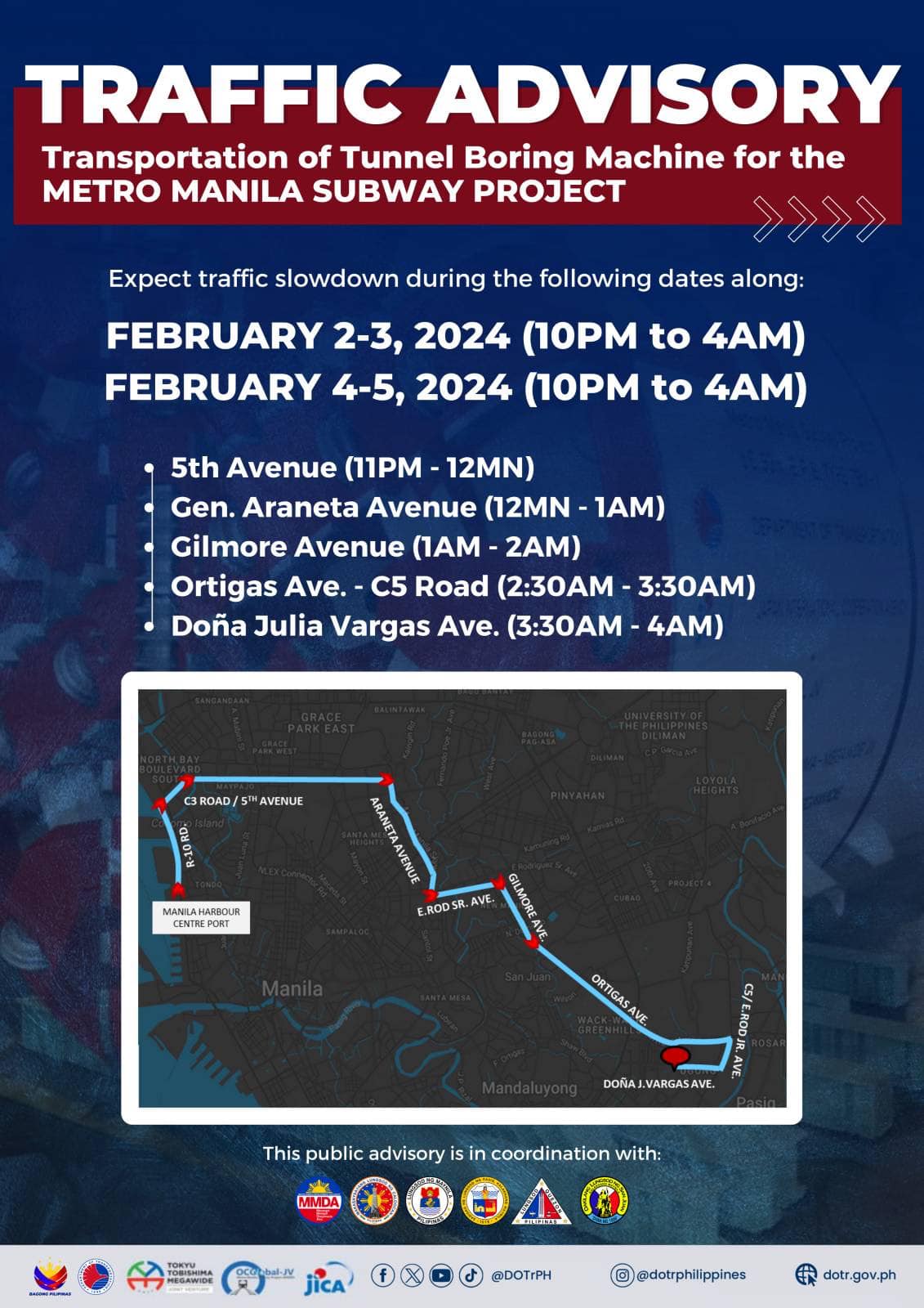  Some roads in Metro Manila may experience a traffic slowdown between February 2 and 5 due to the transportation of a tunnel boring machine (TBM) for the Metro Manila Subway Project (MMSP), the Department of Transportation (DOTr) said on Tuesday.