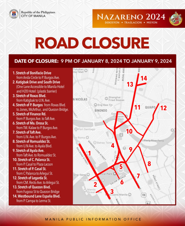 (The local government of Manila illustrated the closed routes during the 2024 Traslacion, or the procession of the Black Nazarene, on January 9. Photo from Manila Public Information Office)
