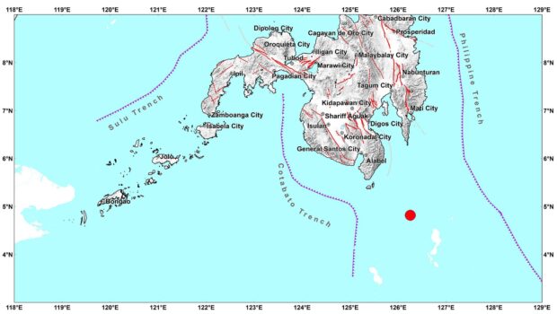 Philippine Institute of Volcanology and Seismology says that a magnitude-4.8 earthquake hit the waters near Sarangani Island in Sarangani municipality, Davao Occidental  at 10:05 a.m. on Friday. (Photo courtesy of Phivolcs)