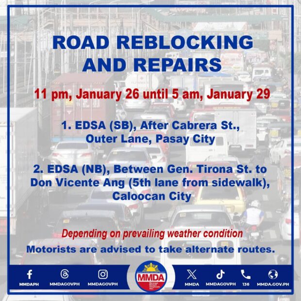 DPWH to conduct road repair in Pasay, Caloocan from Jan 26 to 29