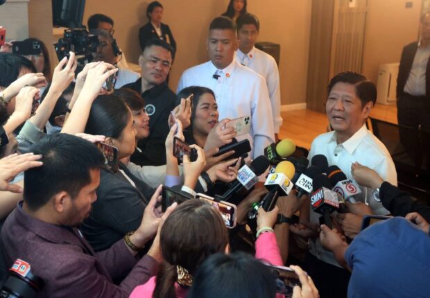 PHOTO: Ferdinand Marcos Jr. talks with reporters. STORY: ‘Huge savings’ if Cha-cha plebiscite held with 2025 polls – Marcos