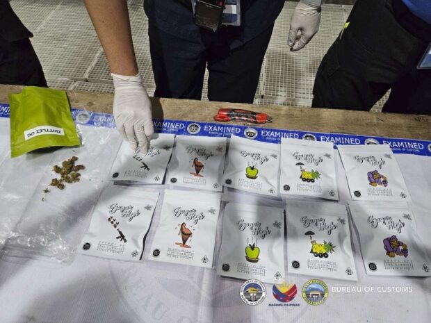 PHOTO: The Bureau of Customs (BOC) confiscates pouches containing gummies infused with marijuana at the Port of Clark on February 1, 2024. STORY: BOC seizes packets of drug-laced gummies at Clark port
