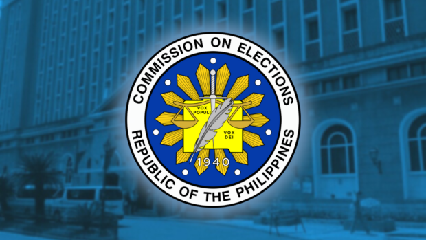 PHOTO: Comelec logo over dimmed blue photo of its headquarters in Intramuros. STORY: Comelec pulls off 1st vote for 2024 in Marawi City