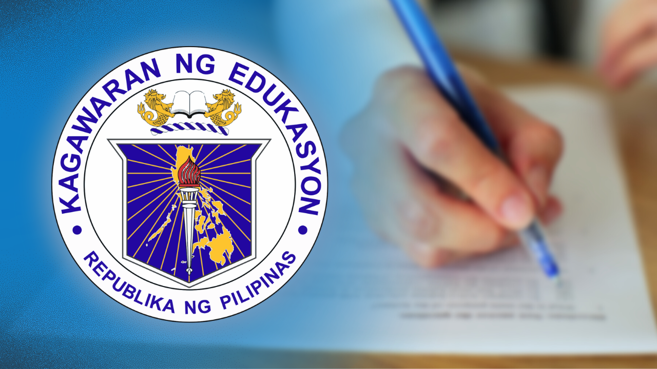 PHOTO: Closeup of student’s writing with a pen, with DepEd logo superimposed. STORY: Some schools shift to alternative learning amid hot weather