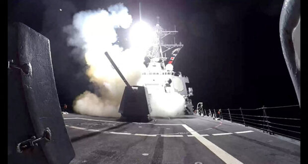 A missile is launched from a U.S. Navy warship against what they describe as Houthi military targets in Yemen