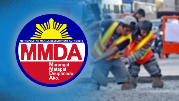 PHOTO: Composite image of workers doing road repair work, with MMDA logo superimposed STORY: LIST: Road reblocking, repairs in NCR areas from Feb. 23 to 26