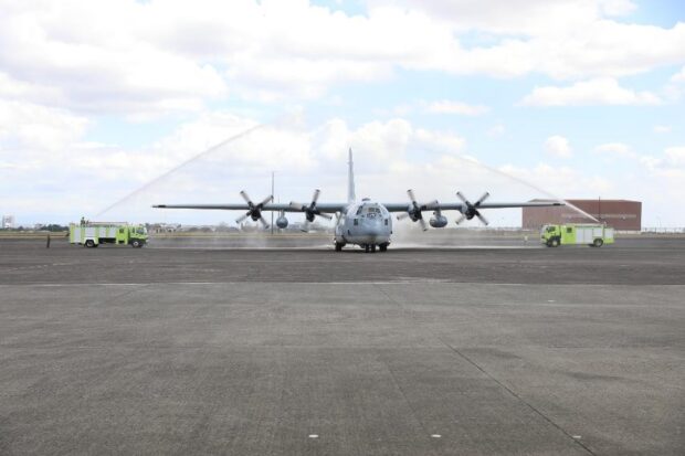 A ceremonial water cannon salute during the arrival of new C-130H at Clark Air Base, Mabalacat City, Pampanga. PHOTO FROM THE PHILIPPINE AIR FORCE