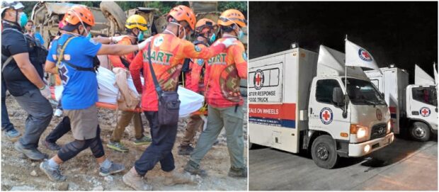 RACE AGAINST TIME Rescuers on Saturday carry the body of a landslide victim, one of 28 fatalities in Masara reported that day;food trucks sent from Cebu by the Philippine Red Cross (PRC) arrive in Mindanao to boost relief efforts there. —FRINSTON LIM/PRC