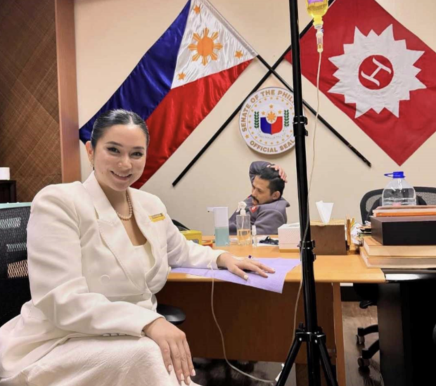 PHOTO: Mariel Padilla getting an IV drip at husband Sen. Robin Padilla’ office. STORY: Robin Padilla sends apology letters to Zubiri, Binay over ‘vitamin C drip’