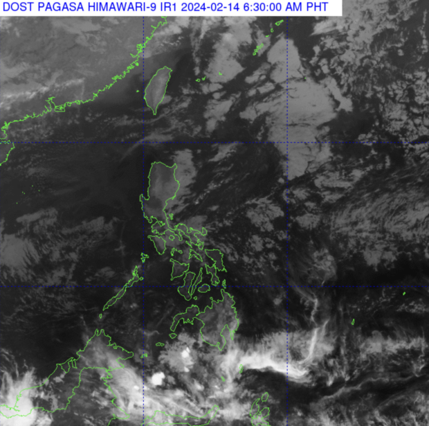 PHOTO: Satellite map image of weather taken on Wednesday, Feb. 14, 2024. STORY: Valentine's Day forecast: Expect fair weather, clear skies in PH