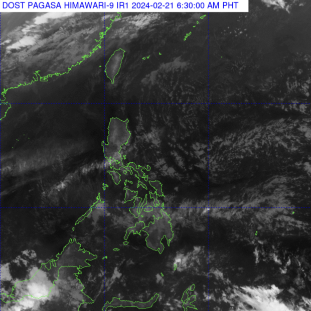 The warm easterlies continue to blow from the Pacific Ocean, bringing rains over the eastern portion of the country on February 21, 2024 as seen on Philippine Atmospheric, Geophysical and Astronomical Services Administration’s latest satellite image. (Photo from Pagasa)