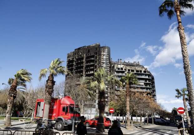 Picture shows the aftermath of a huge fire that yesterday raged through a multistorey residential block killing at least four people, in Valencia on February 23, 2024. 