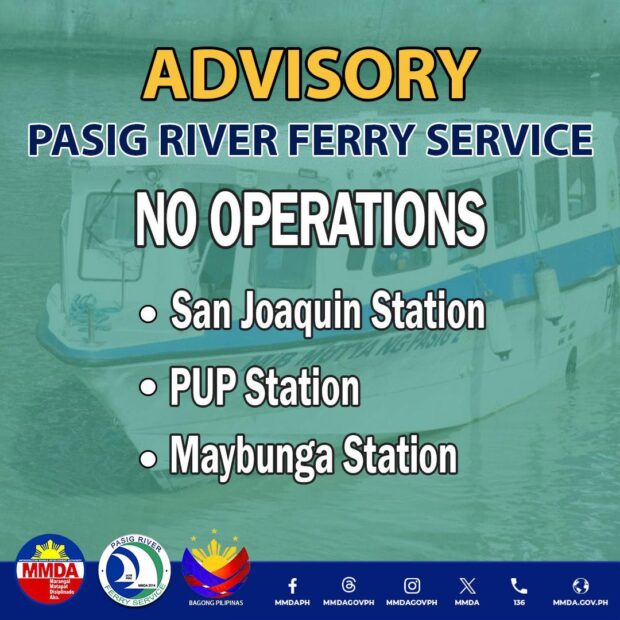 PHOTO: Pasig River Ferry Service advisory STORY: 3 Pasig River Ferry stations temporarily suspend operations on Feb 27