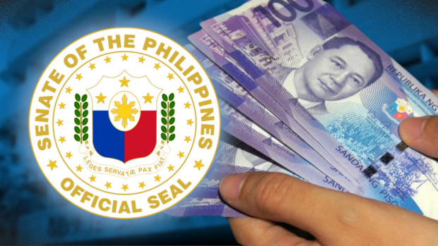 PHOTO: Composite image of hands holding one-hundred peso bills with Senate seal superimposed. STORY: Senate approves P100 daily wage hike bill