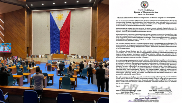 PHOTO: Composite photo of the House plenary hall and a manifesto rejecting the proposal for a separate Mindanao STORY: 57 lawmakers sign manifesto vs. ex-Pres. Duterte's Mindanao republic idea
