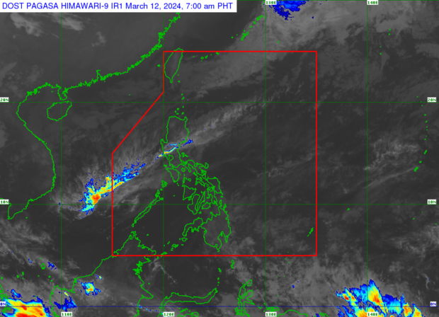 Pagasa says scattered rain would prevail over parts of Luzon and Mindanao on Tuesday, March 12. | Satellite photo from Pagasa