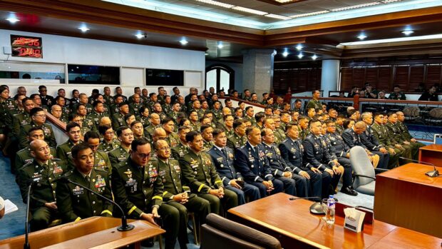 PHOTO: This photo shows the 129 officers of the Armed Forces of the Philippines who are applying for a promotion during a hearing of the Commission on Appointments in the Senate plenary on Tuesday, March 19, 2024. STORY: Sevilla admits affair, denies child abuse claim