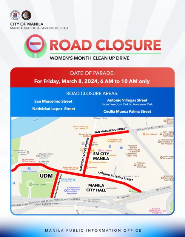 Roads around Manila City Hall to close for few hours on March 8