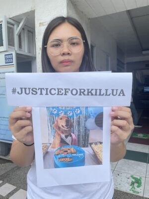 Vina Rachelle Arazas, the owner of slaughtered dog, Killua, files a joint complaint with the Philippine Animal Welfare Society (PAWS) at the Provincial Prosecution Office of Camarines Sur against the man who was seen killing her pet on March 17. Photo from PAWS' Facebook page.