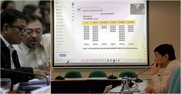 PHOTO: Philippine Charity Sweepstakes Office (PCSO) General Manager Melquiades Robles and other PCSO officials on Monday, March 18, 2024. appear in a Senate hearing on the integrity and trustworthiness of the government-run lottery. STORY: