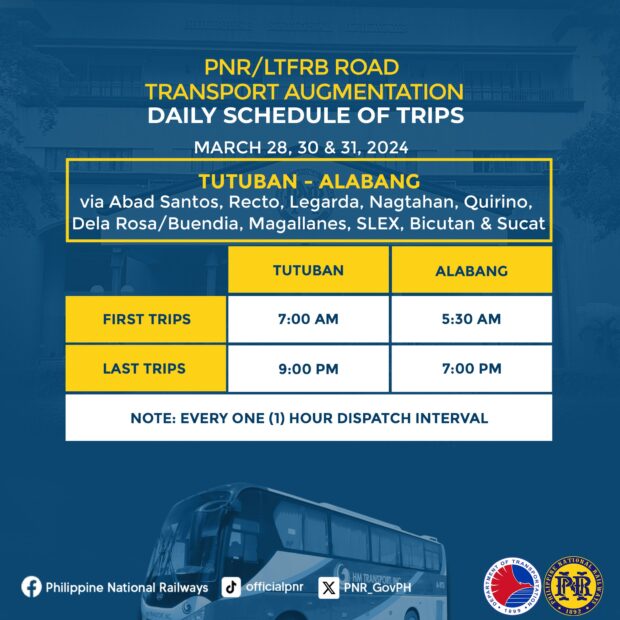 Schedule of bus trips for Tutuban-Alabang route on March 28, 30, 31