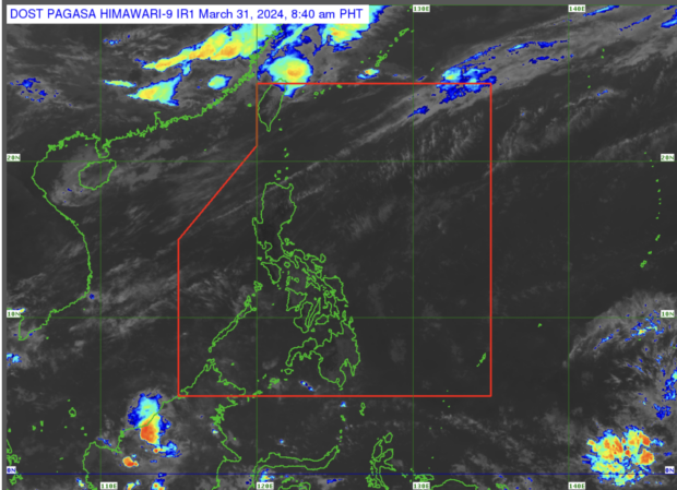 Easterlies will continue to bring generally fair weather nationwide for Sunday, March 31, 2024, according to Pagasa. (Satellite image courtesy of Pagasa) 