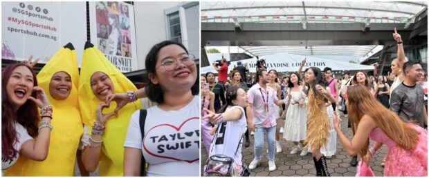 PHOTOS: Left photo shows Filipina “Swifties,” including Charlyn Suizo (second from left), as they join other fans (right) who flocked to the National Stadium on March 2, 2024, the first of Taylor Swift’s six concerts in Singapore. STORY: Swifties go on pricey pilgrimage to Singapore