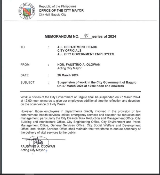 A copy of Memorandum No. 45 series of 2024, dated March 20, was released by the Baguio City Public Information Office on its official Facebook page on Friday. It states that work in the City Government of Baguio is suspended on Holy Wednesday, March 27, from 12 noon onwards. (Photo courtesy of Baguio City Public Information Office Facebook)