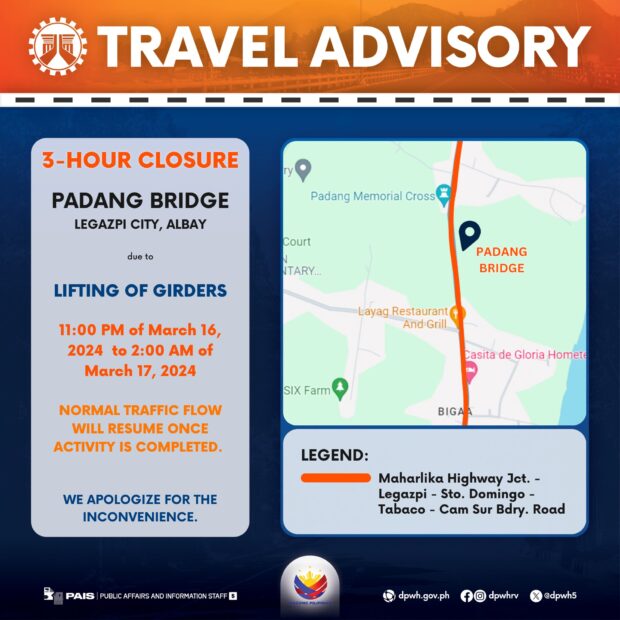 DPWH: Brief closure of bridges in La Union and Albay this March
