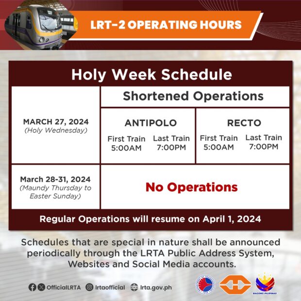 No LRT-2 operation from March 28-31 to allow maintenance works
