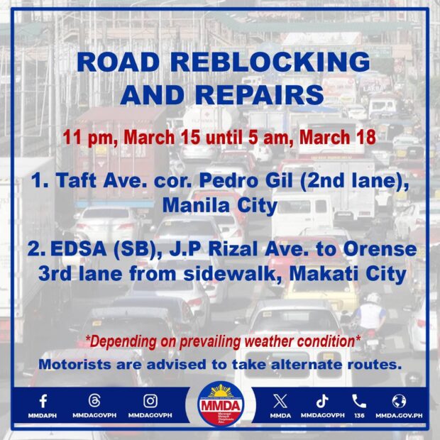 DPWH to do road repairs in some areas of Metro Manila this weekend