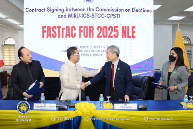 Photo Caption: Commission on Elections (Comelec) Chair George Erwin Garcia and South Korean company Miru Systems Co. Ltd President, Chung Jin Bok, on Monday (March 11, 2024) formally sign the contract for the least of a Full Automation System with Transparency Audit/Count (Fastrac) to be used in the 2025 polls. Photo from Comelec.Photo Caption: Commission on Elections (Comelec) Chair George Erwin Garcia and South Korean company Miru Systems Co. Ltd President, Chung Jin Bok, on Monday (March 11, 2024) formally sign the contract for the least of a Full Automation System with Transparency Audit/Count (Fastrac) to be used in the 2025 polls. Photo from Comelec.