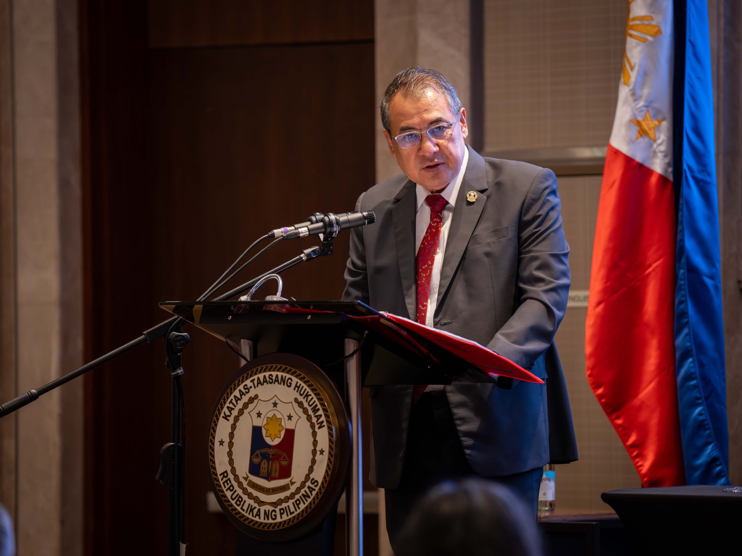 Chief Justice Alexander G. Gesmundo delivers the keynote address on the first day of the “Training and Capacity-Building for the Implementation of the Rules on Anti-Terrorism Act of 2020 and Related Laws” held on April 23-24, 2024 at Sheraton Manila Hotel, Pasay City. (Courtesy of the Supreme Court Public Information Office)