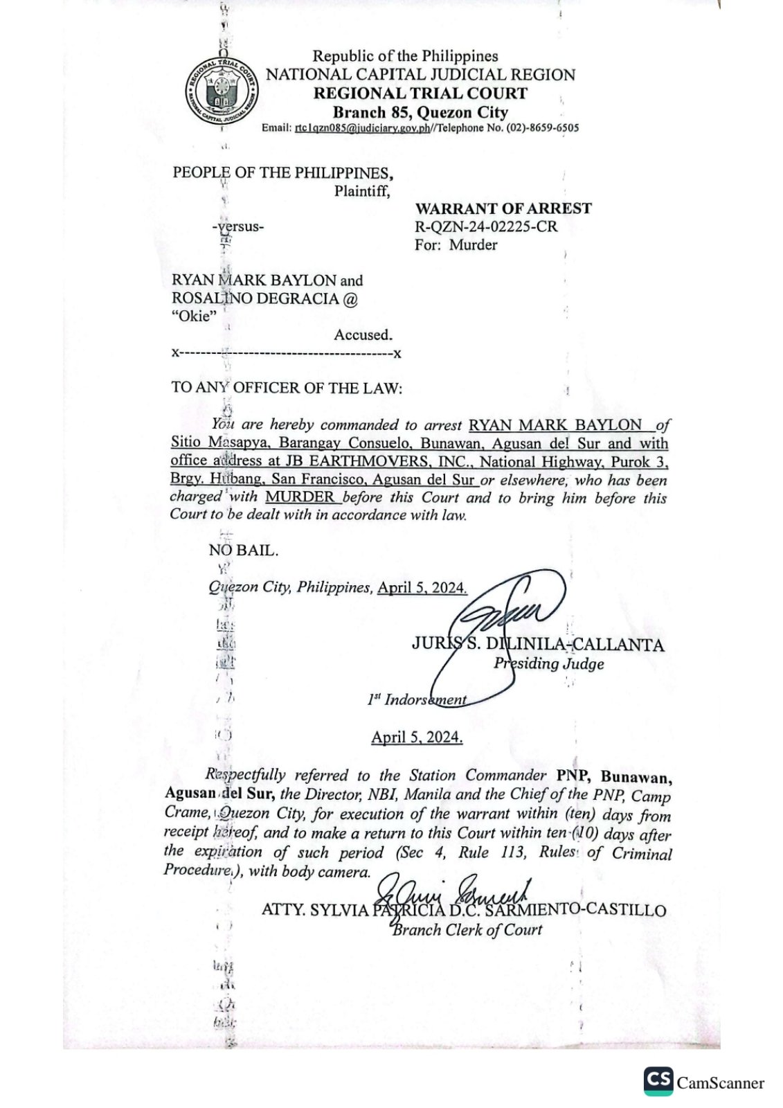 Warrant of arrest against Ryan Mark Baylon, suspected mastermind in the killing of retired Col. Samuel Afdal, a gold mining executive in Agusan del Sur.