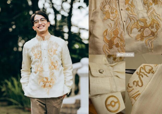 (Left photo) Leonardo Santos III donning his bespoke barong. (Right photo) Details of the barong featuring Charmander, Charmeleon, and Charizard. Photos courtesy of Oak St. Studios