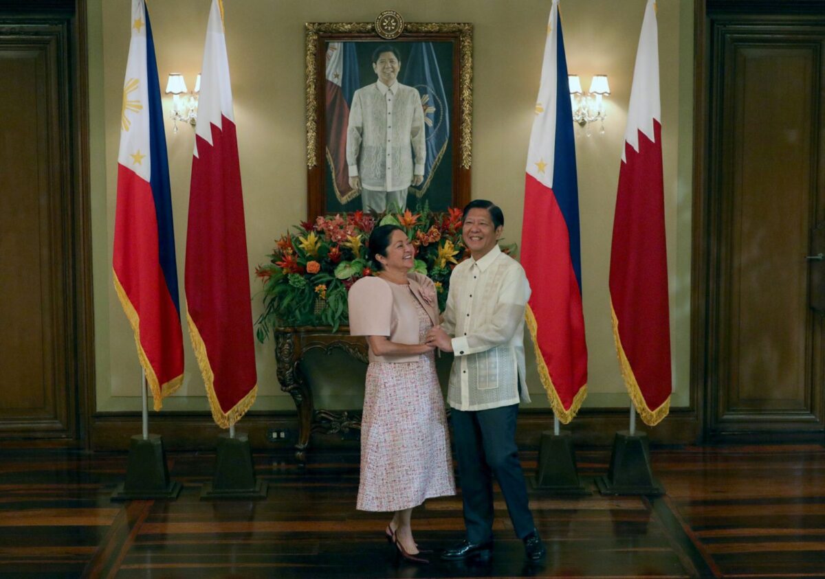 President Ferdinand Romualdez Marcos Jr. and First Lady Liza Araneta Marcos dance together during a lull moment as they wait for Sheikh Tamim bin Hamad Al Thani, Amir of Qatar during the photo opportunity at the reception hall of Malacanang Palace on Monday, April 22, 2024. The first couple just celebrated their 31st anniversary. | PHOTO: KJ ROSALES/PPA POOL