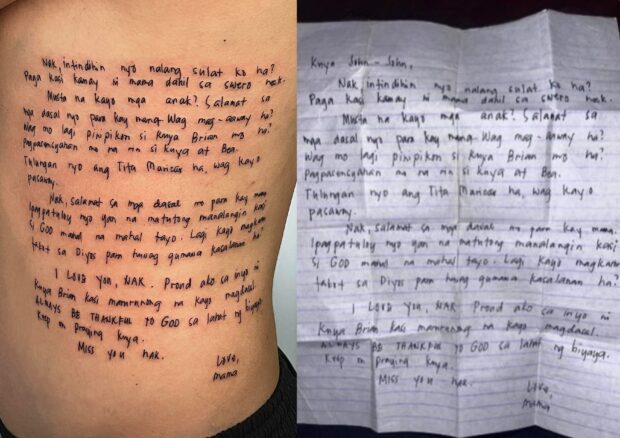 Vincent John Tuibeo, 24, has his late mother's letter inked on the side of his body.