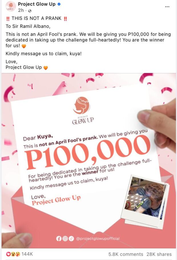 Local businesses offer to provide Ramil Albano monetary prizes after falling victim to an April Fool’s prank. | Photo screengrabbed from Project Glow Up Facebook page