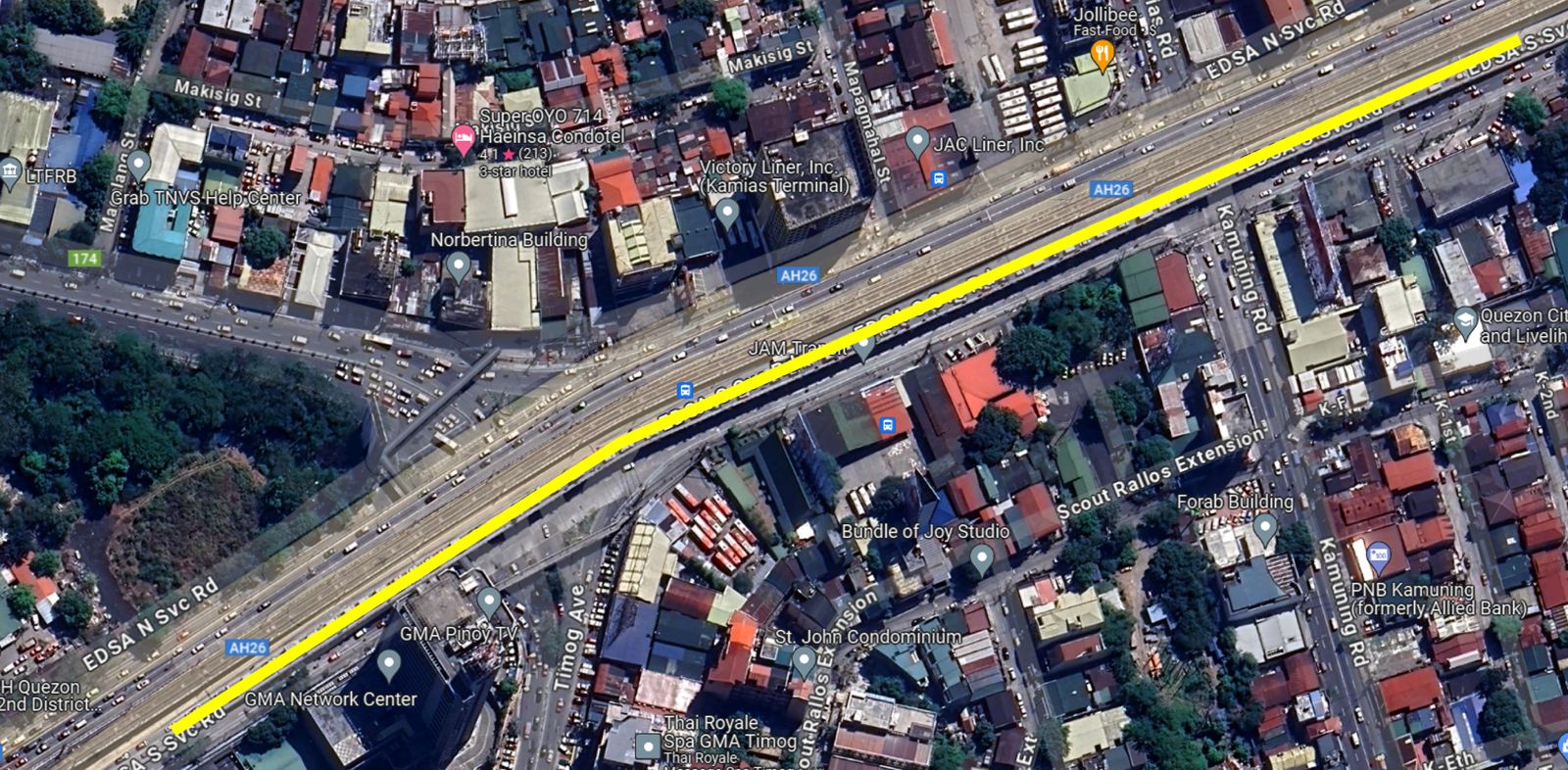 The Department of Public Works and Highways (DPWH) is set to partially close the Edsa-Kamuning southbound flyover in Quezon City starting April 25, to make way for the retrofitting and strengthening of its permanent bridges. The areas highlighted in yellow indicate the parts which will be affected by the retrofitting project.