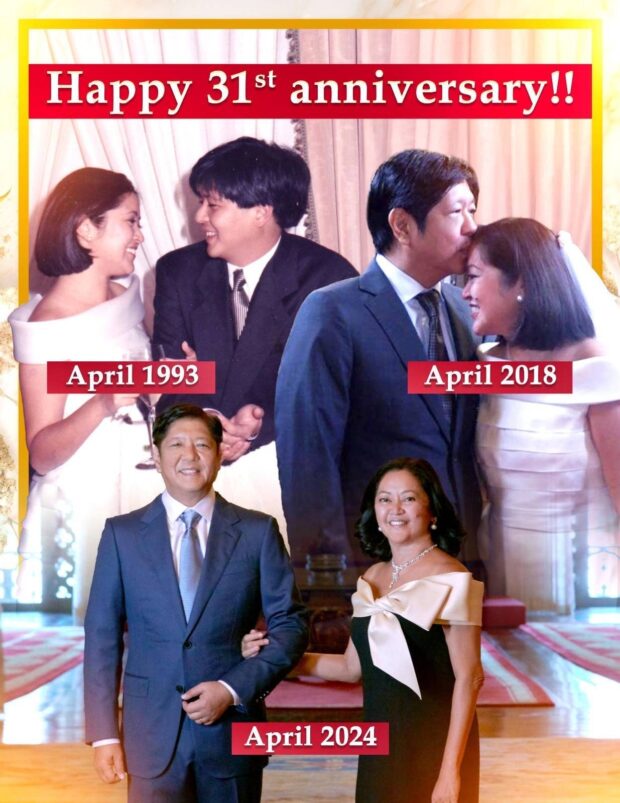 First Lady Liza Araneta Marcos posts a photo collage of her and President Ferdinand “Bongbong” Marcos Jr. for their 31st wedding anniversary on Wednesday. 