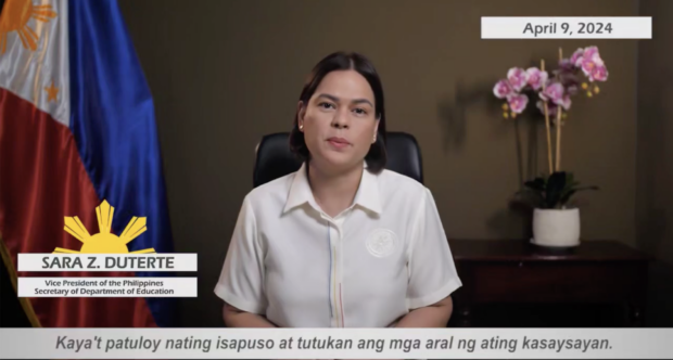 PHOTO: Vice President Sara Duterte delivers her Day of Valor message on April 9, 2024. STORY: Day of Valor: Honor troops who died for freedom – VP Duterte