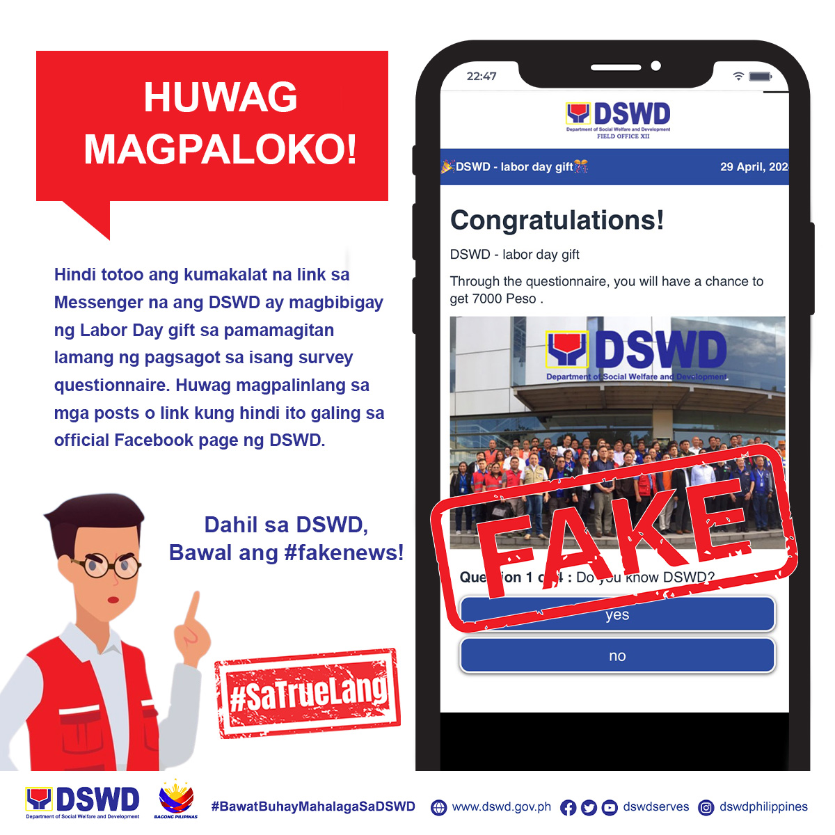 The DSWD warned against a fake post claiming that a P7,000 cash gift awaits those who will answer a survey questionnaireas part of the Labor Day celebration (Photo from DSWD) 