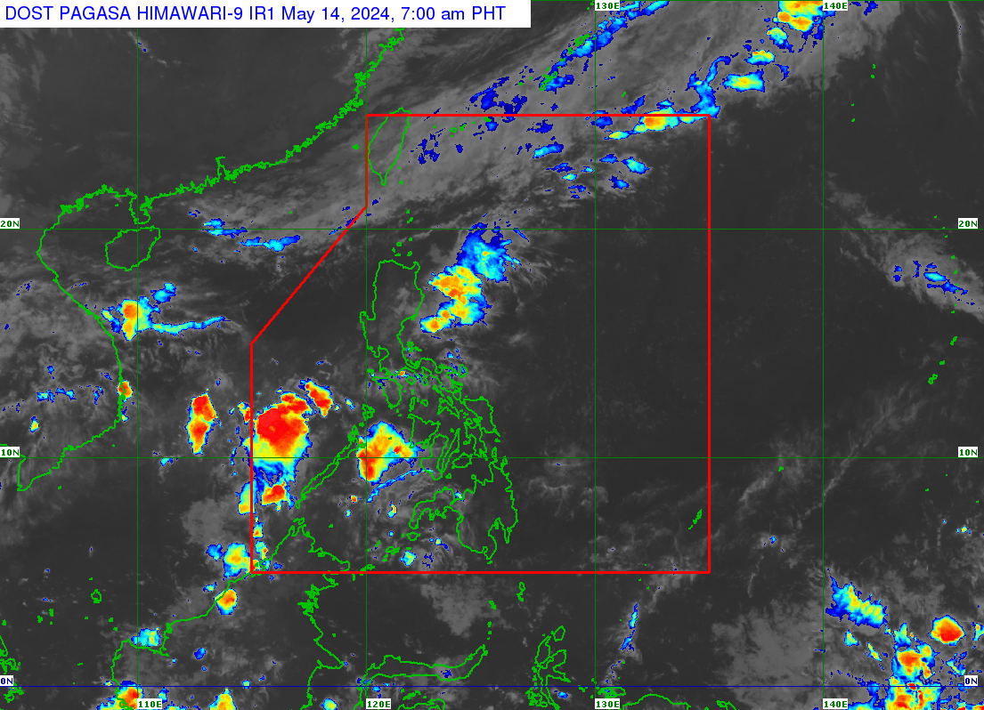 Pagasa forecasts cloudy skies and rain in Extreme Northern Luzon, while generally fair weather is expected in the rest of the country on Tuesday, May 14. | Satellite photo from Pagasa