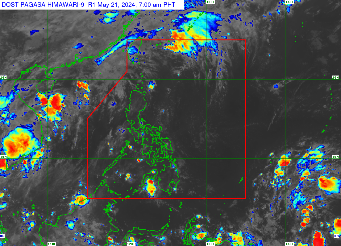Pagasa forecasts hot and humid weather with chances of thunderstorms throughout the country on Tuesday, May 21. | Satellite photo from Pagasa
