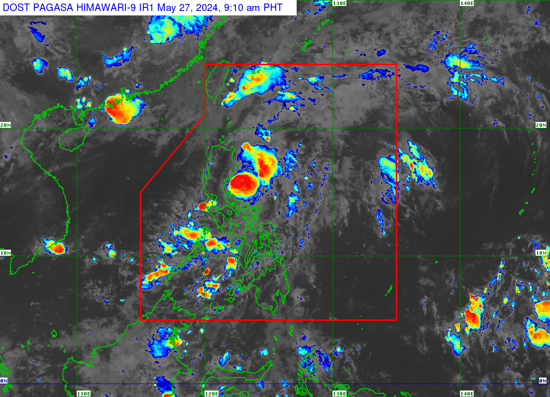 Pagasa says areas under Signal No. 2 due to the effects of Typhoon Aghon are now down to two, as of 8 a.m. Monday, May 27. | Satellite photo from Pagasa