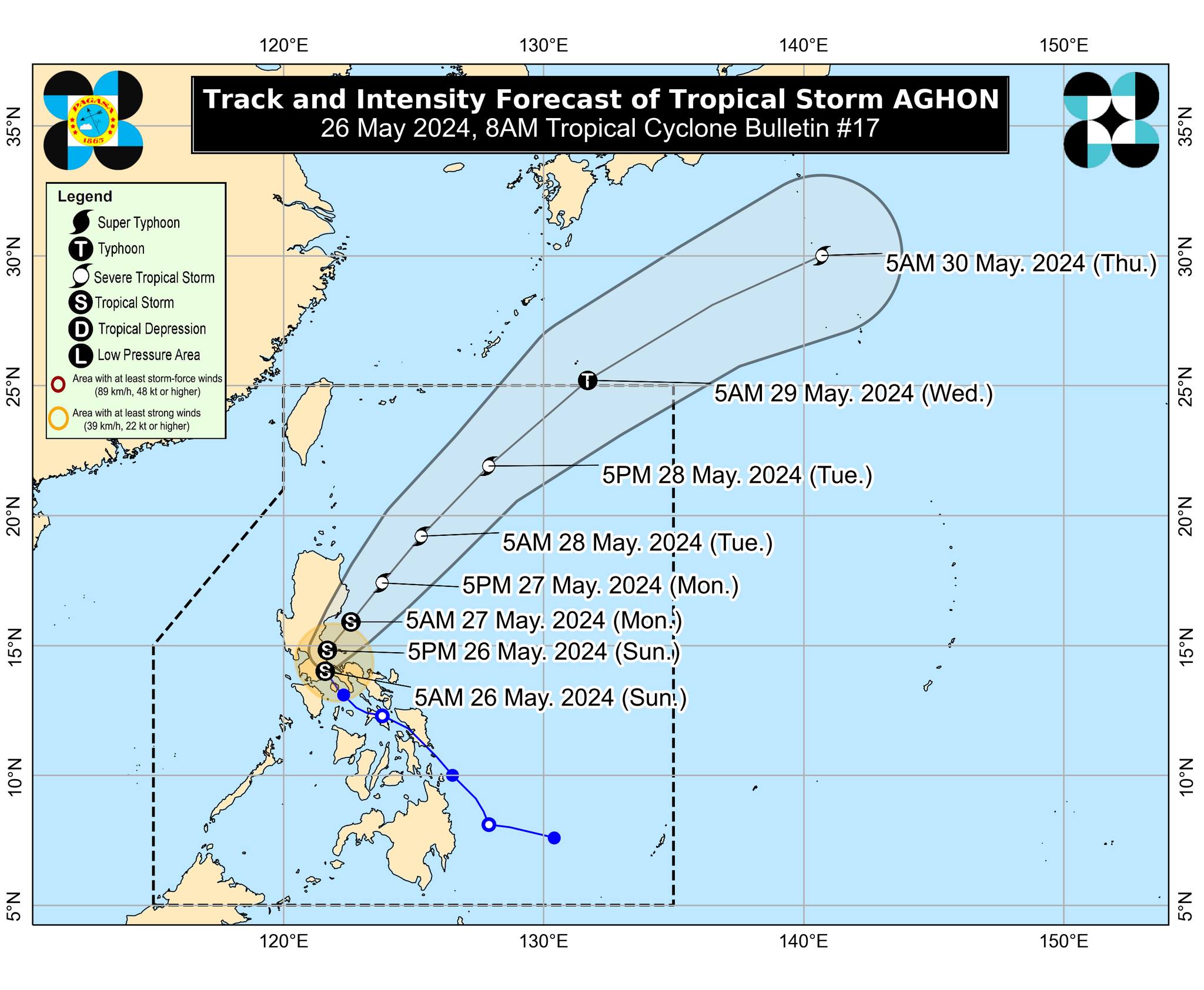 Tropical storm Aghon keeps its strength, while moving within the vicinity of Dolores, Quezon province, Pagasa says. (Photo courtesy of Pagasa)