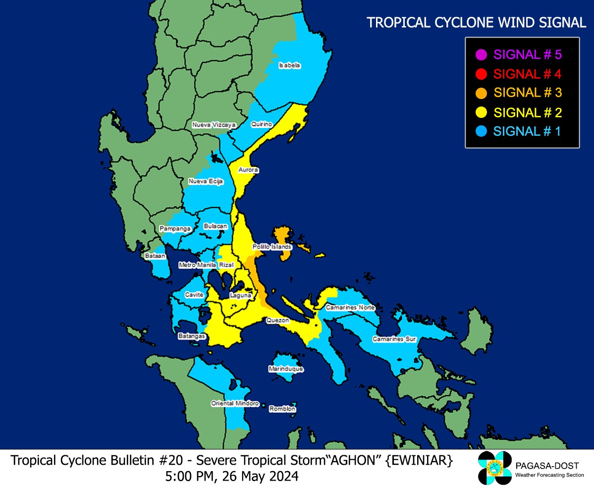 Tropical storm Aghon (international name: Ewiniar) intensifies into a severe tropical storm, while moving over the coastal waters of Mauban Quezon on Sunday, Pagasa says. The agency raised Signal No. 3 over the eastern section of Quezon province (Infanta, Real, Mauban) including Polillo Islands (Panukulan, Burdeos, Patnanungan, and Polillo). (Photo courtesy of Pagasa)