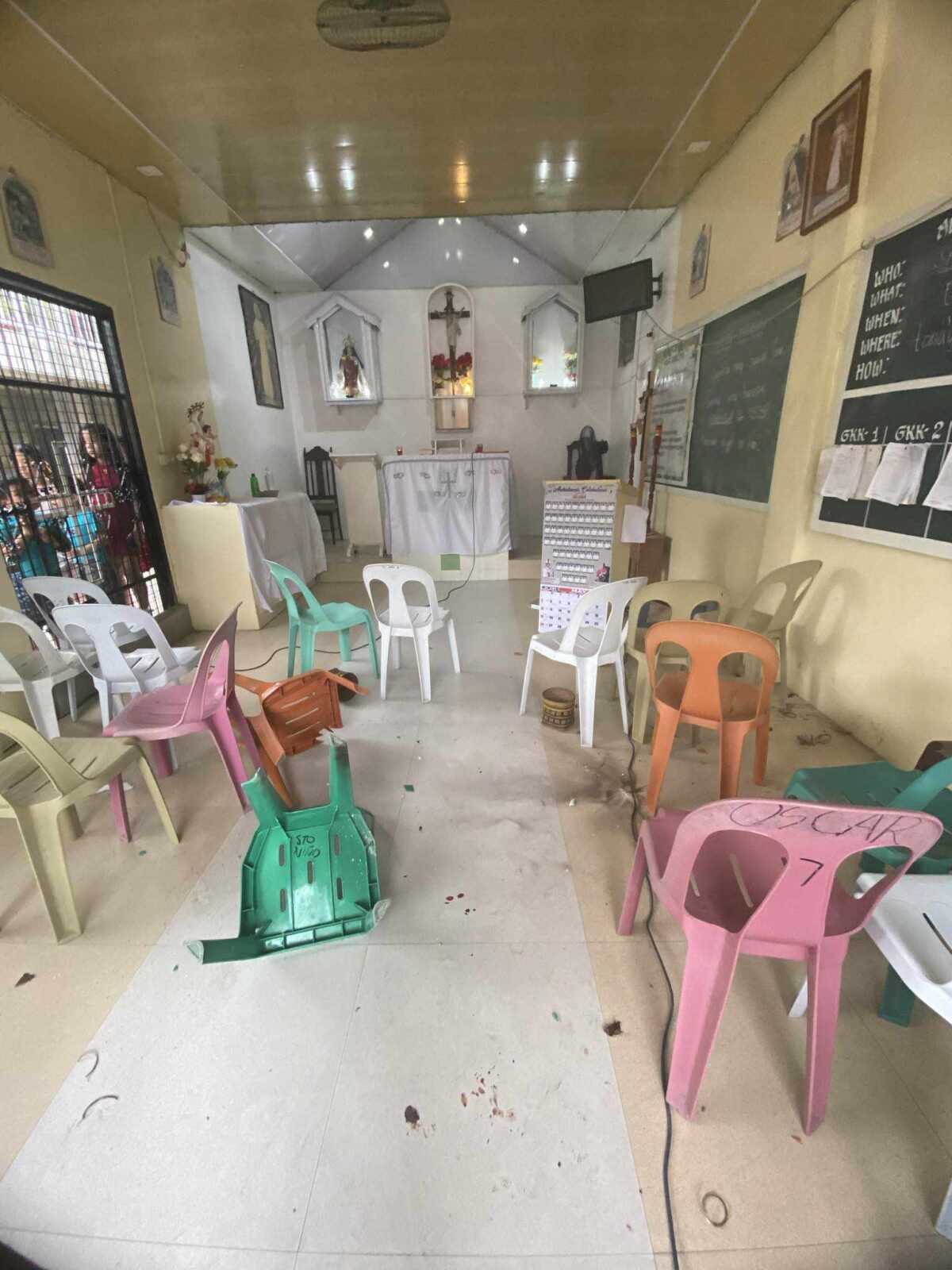CHAPEL BLAST. Monobloc chairs destroyed after a grenade exploded inside a Santo Niño chapel in Cotabato City on Sunday, May 19, 2024 while a Bible service was on going. Two people were hurt. No one has claimed responsibility yet of the attack even as the Cotabato police launched a manhunt for the perpetrators. PHOTO BY DXOL-FM 