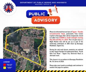 The Department of Public Works and Highways (DPWH) - Region XI says that one lane of Tagum – Panabo Circumferential Road  will be temporarily closed to the public from May 8 to 15 from 5 p.m. to midnight. (Photo courtesy of DPWH - Region XI)