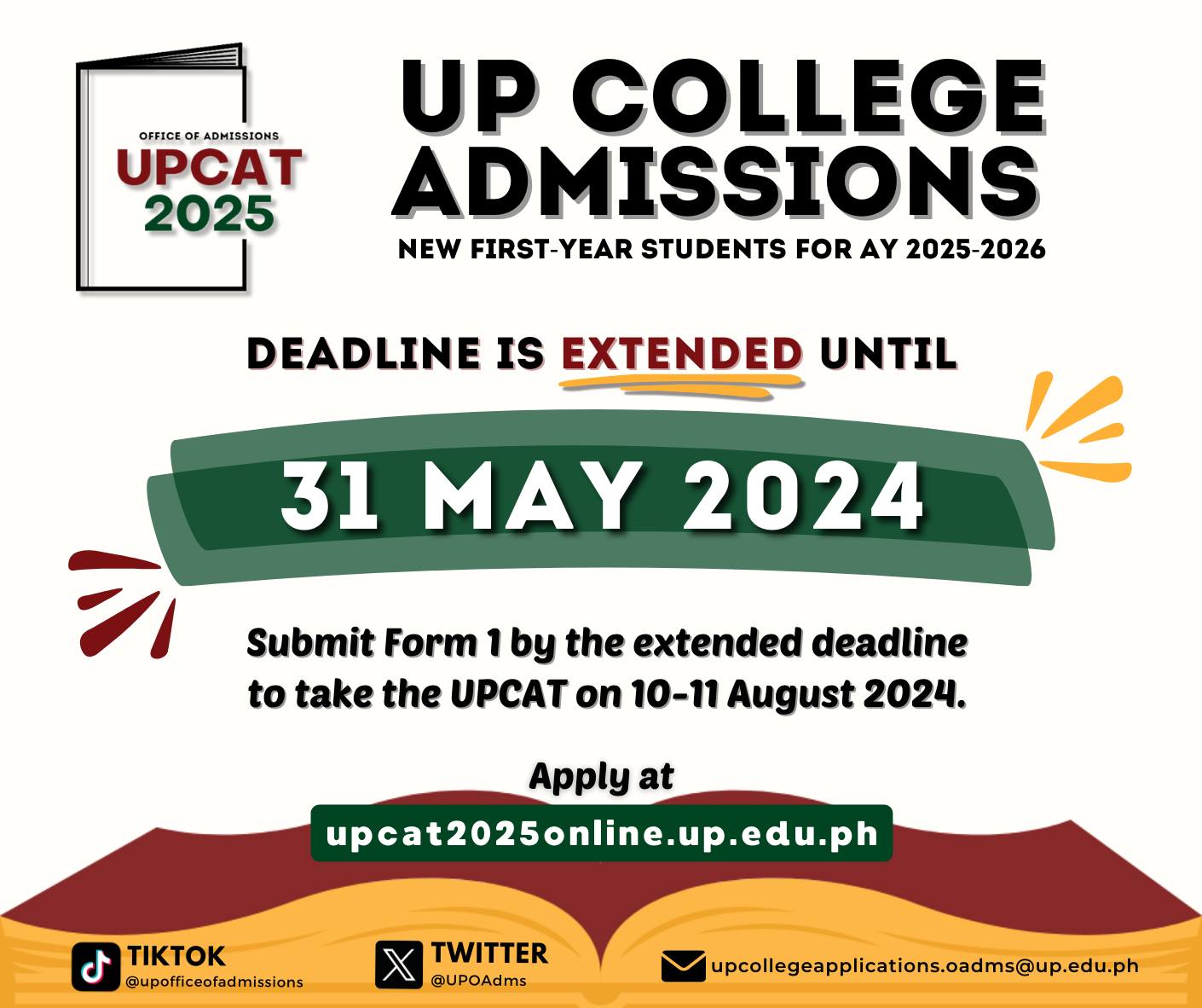 The UP Office of Admission says the application for the University of the Philippines College Admission Test for the academic year 2025-2026 has been extended until May 31. (Photo courtesy of UP Office of Admission Facebook) 